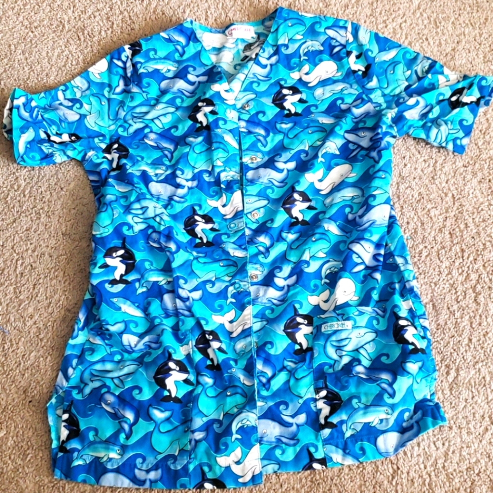 Cherokee Scrub Jacket S Ocean Whale Dolphin Print Nurse Vet